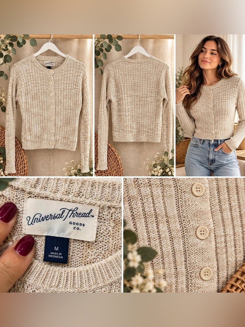 Universal Thread Ribbed Button-Front Cardigan in Cream Size Medium New/No tags